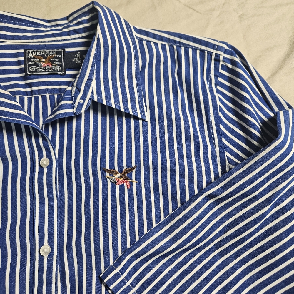 American Living Womens Large Blue White Striped Shirt Embroidered Eagle Flag VTG